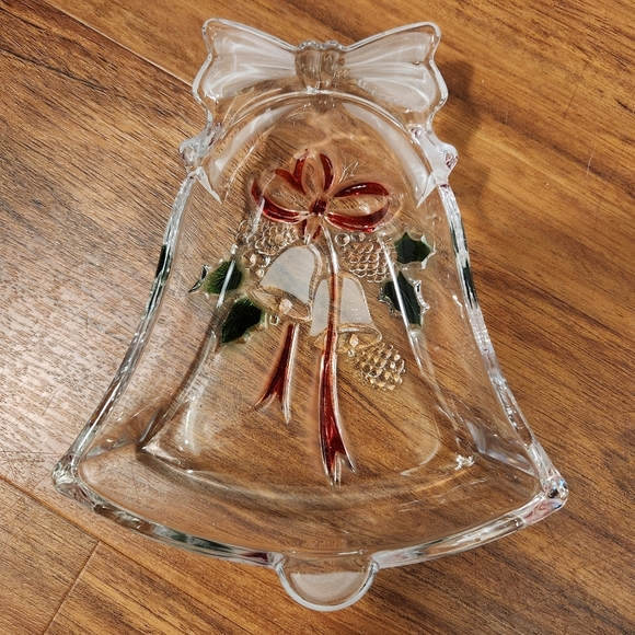 Crystal Holiday Bell Dish with Red and Green Accents - Picture 1 of 5